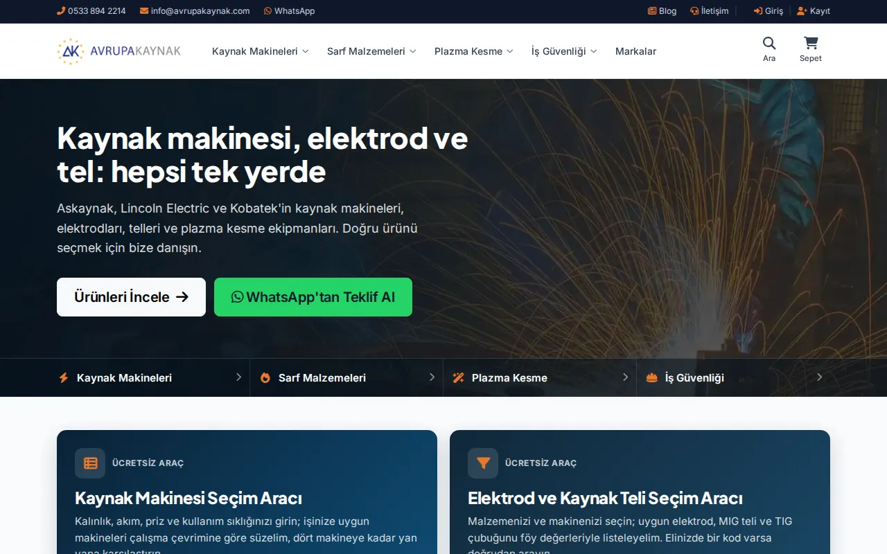 avrupakaynak.com ana sayfası: ürün kategorileri, WhatsApp teklif düğmesi ve ücretsiz seçim araçları