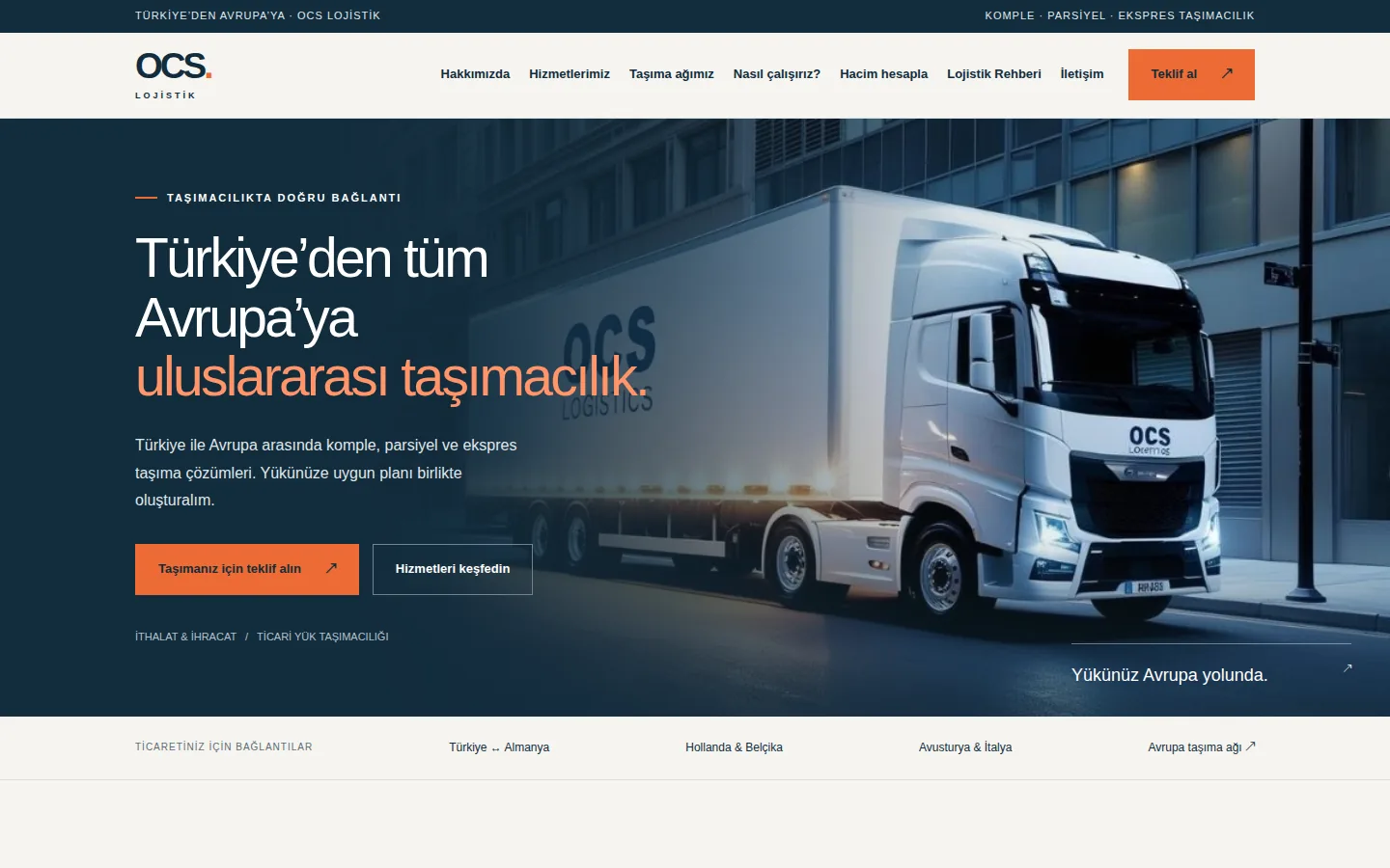 OCS Lojistik yeni web sitesinin ana sayfası: "Türkiye'den tüm Avrupa'ya uluslararası taşımacılık" başlığı ve teklif butonu