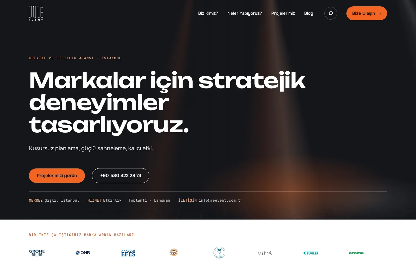 ME Event yeni web sitesinin ana sayfası: "Markalar için stratejik deneyimler tasarlıyoruz" başlığı ve marka logoları