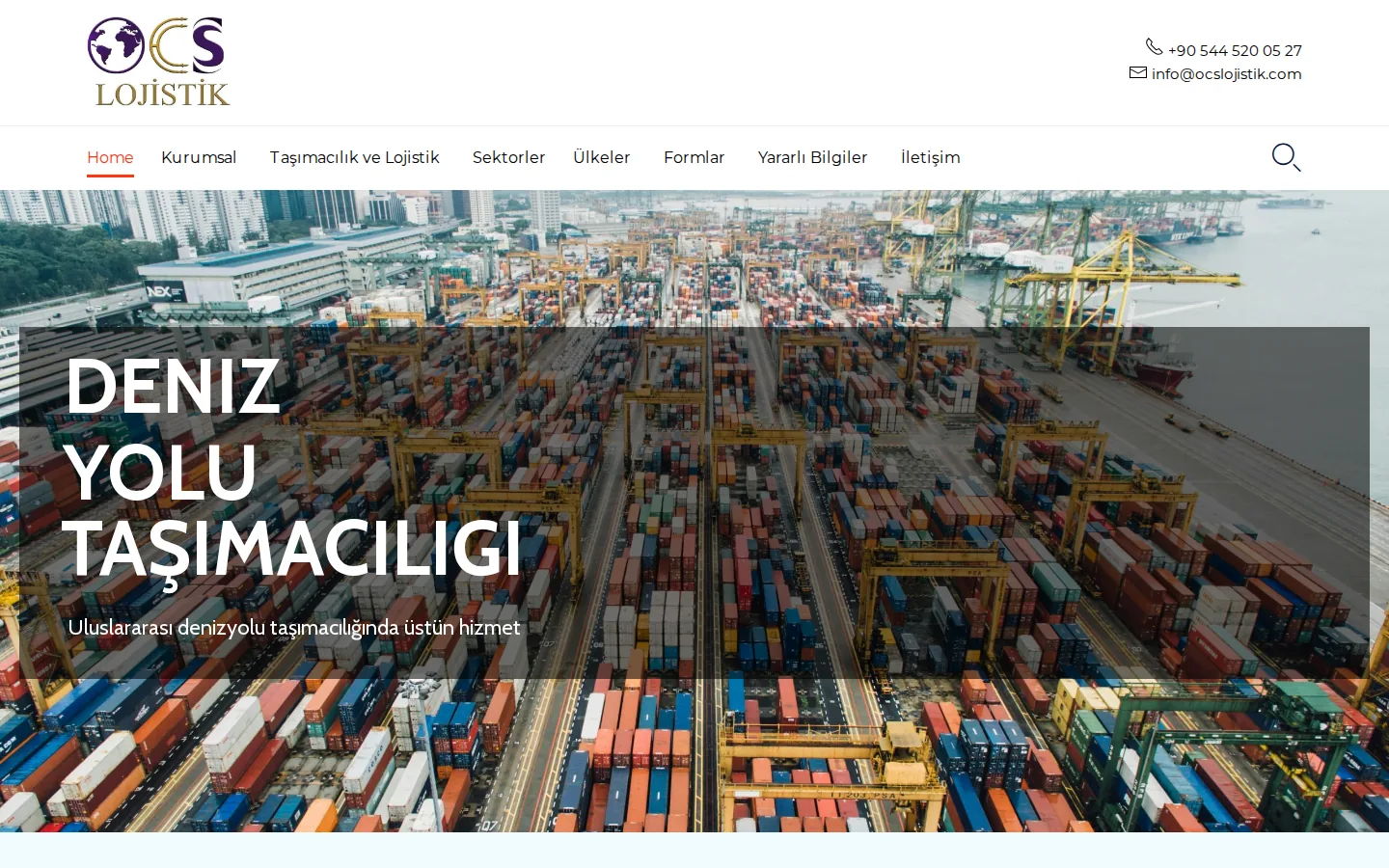 OCS Lojistik eski web sitesinin ana sayfası: konteyner limanı fotoğrafı ve "Deniz yolu taşımacılığı" başlığı