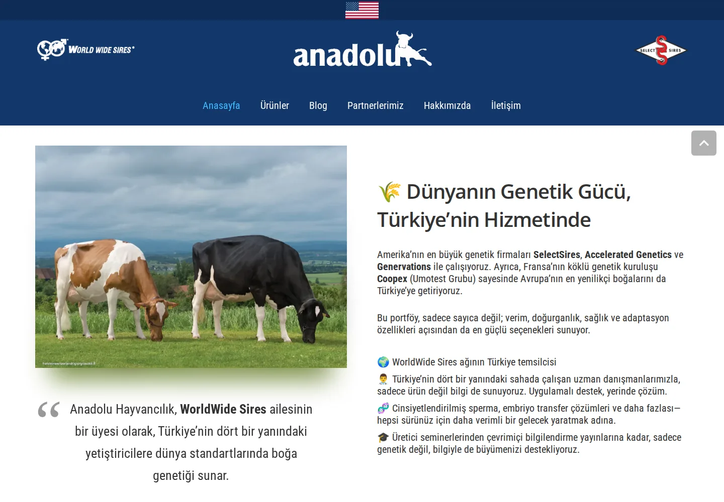 Anadolu Hayvancılık yeni web sitesinin ana sayfası: lacivert üst bant, World Wide Sires logosu ve "Dünyanın Genetik Gücü, Türkiye'nin Hizmetinde" başlığı